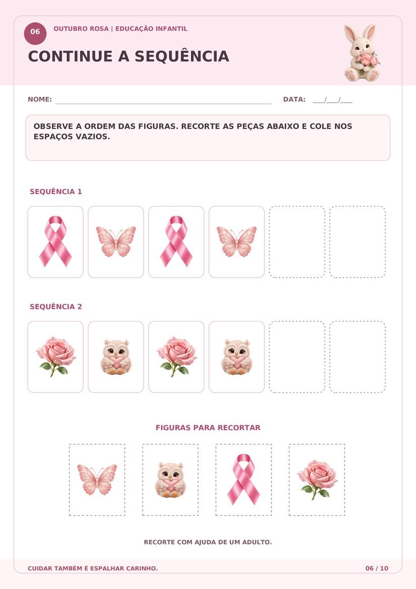 Atividade de sequência lógica Outubro Rosa para recortar e colar figuras de laços, borboletas, rosas e corujinhas